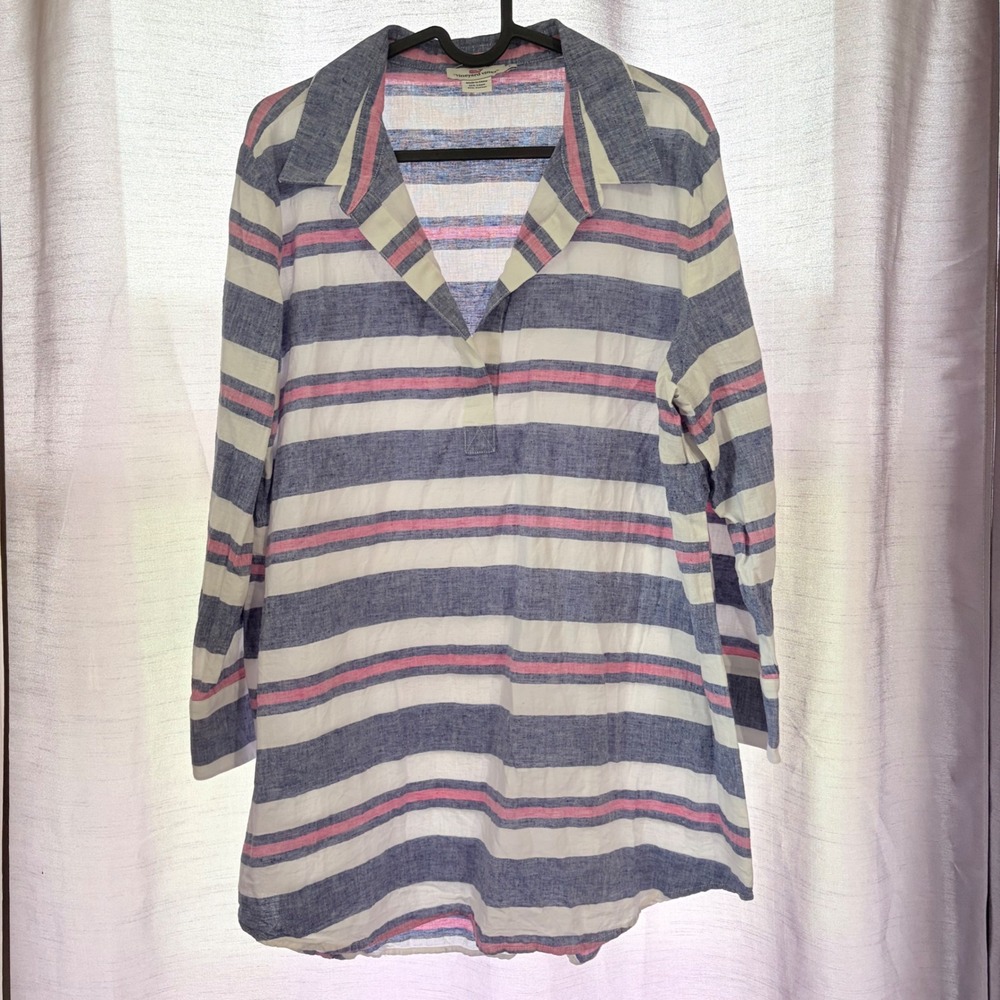Vineyard Vines Womens Blue Pink Striped Linen Cotton Tunic Top Large